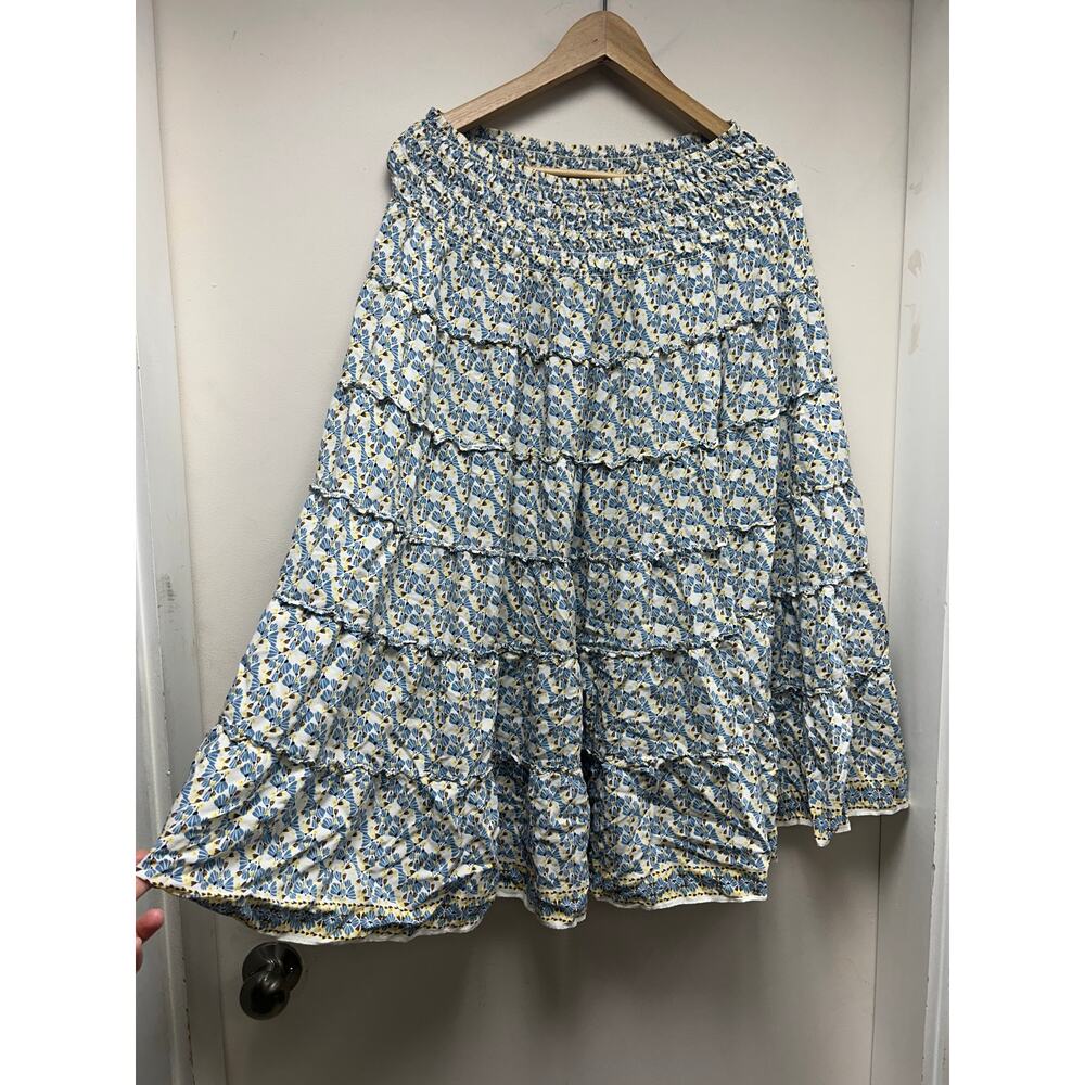 Tiered Ruffled Smocked Waist Skirt Blue Yellow Floral M/L